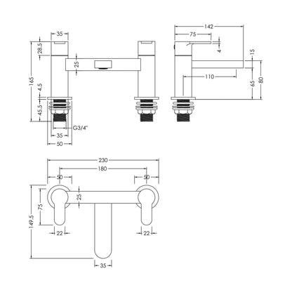 [BTEM803] Swinscoe Dual Lever Square Deck Mounted Bath Filler Tap – Choice of Finish - Technical Drawing