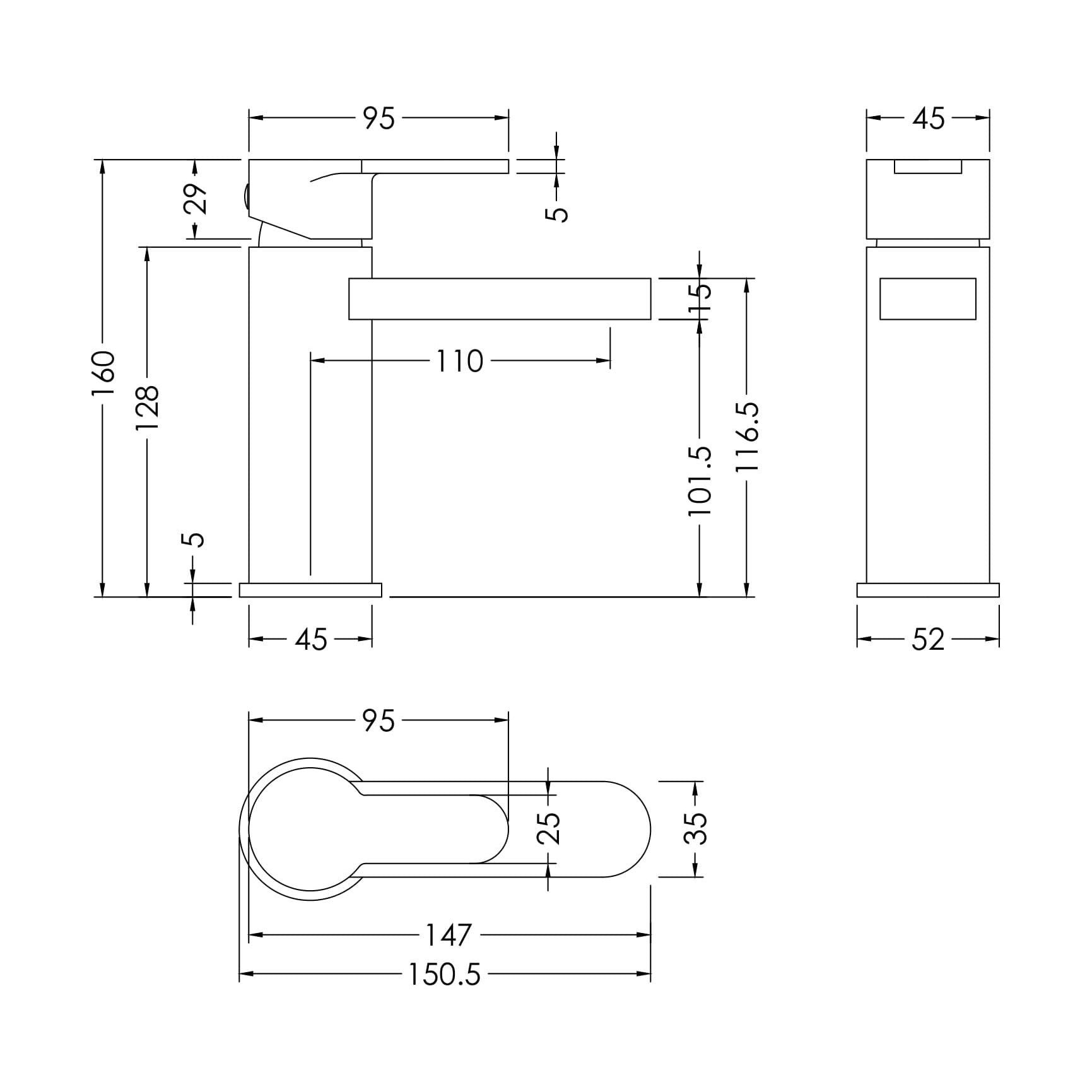 [BTEM805] Swinscoe Square Mono Basin Mixer Tap with Push Button Waste – Choice of Finish - Technical Drawing