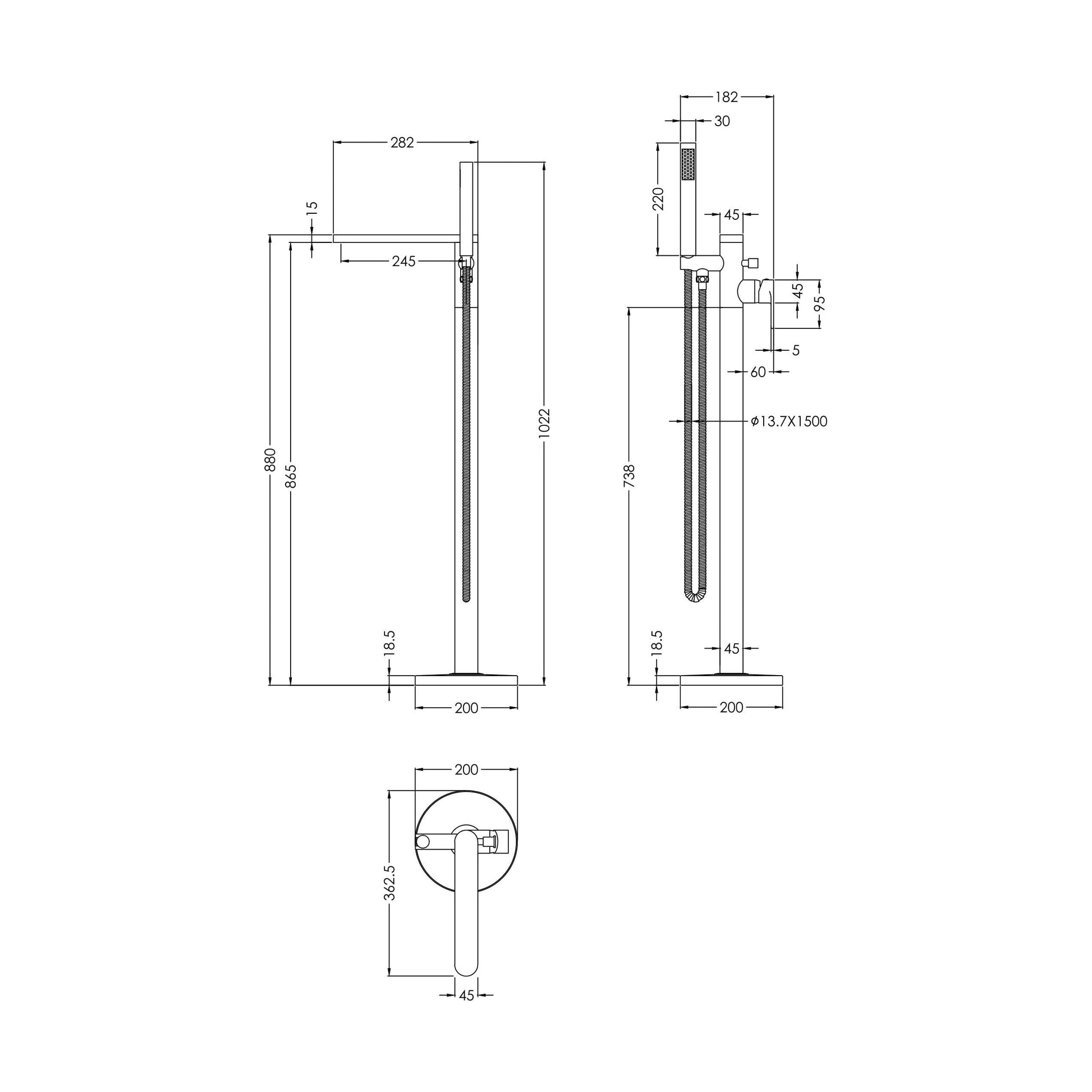 [BTEM821] Swinscoe Contemporary Square Freestanding Bath Shower Mixer Tap with Kit - Choice of Colour - Technical Drawing
