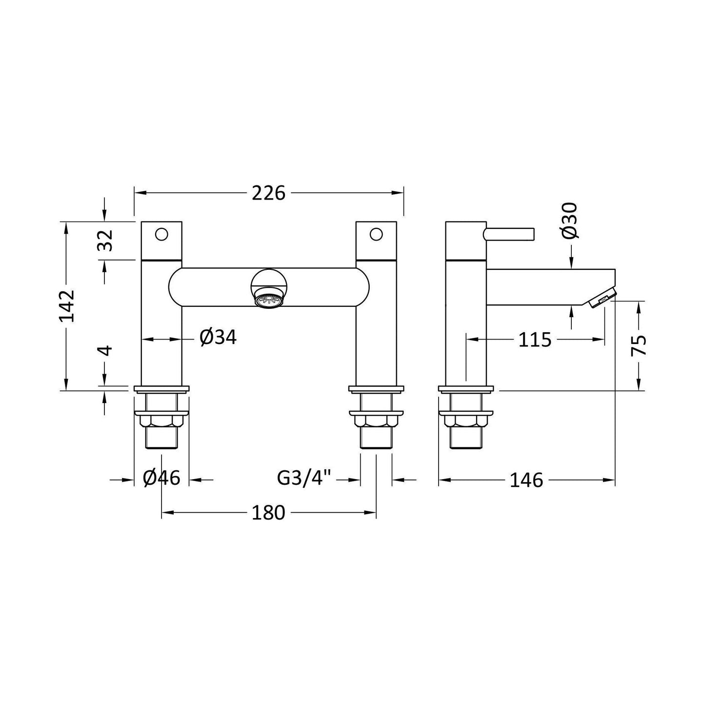 [BTEV313] Balterley Evian Luxury Round Deck Mounted Bath Filler Tap - Chrome - Technical Drawing
