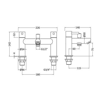 [BTEV314] Balterley Evian Round Deck Mounted Bath Shower Mixer Tap with Shower Kit - Chrome - Technical Drawing