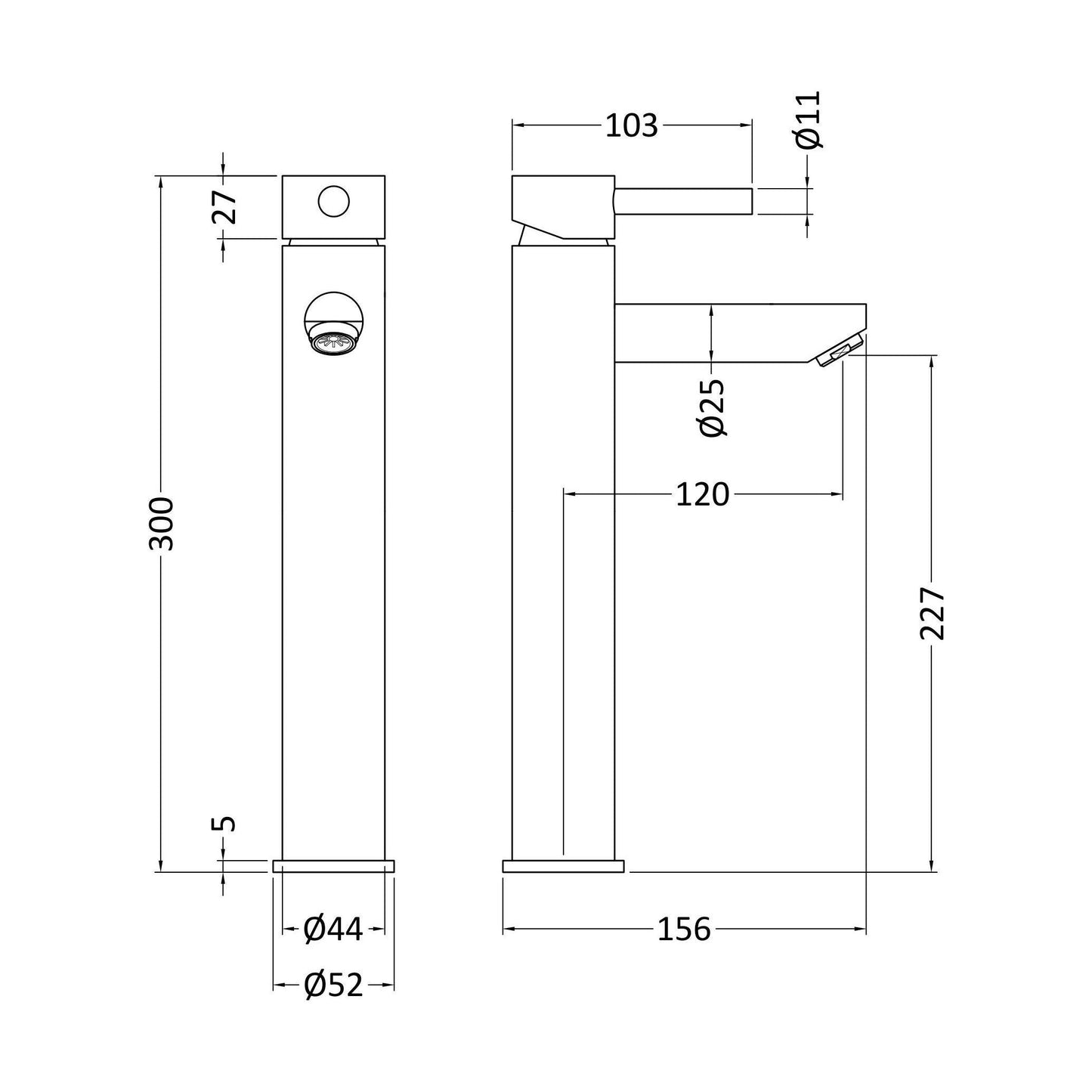 [BTEV319] Balterley Evian Round Tall Lever Mono Basin Mixer Tap - Chrome - Technical Drawing