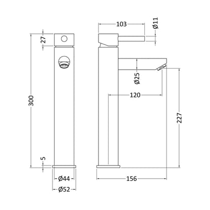 [BTEV319] Balterley Evian Round Tall Lever Mono Basin Mixer Tap - Chrome - Technical Drawing