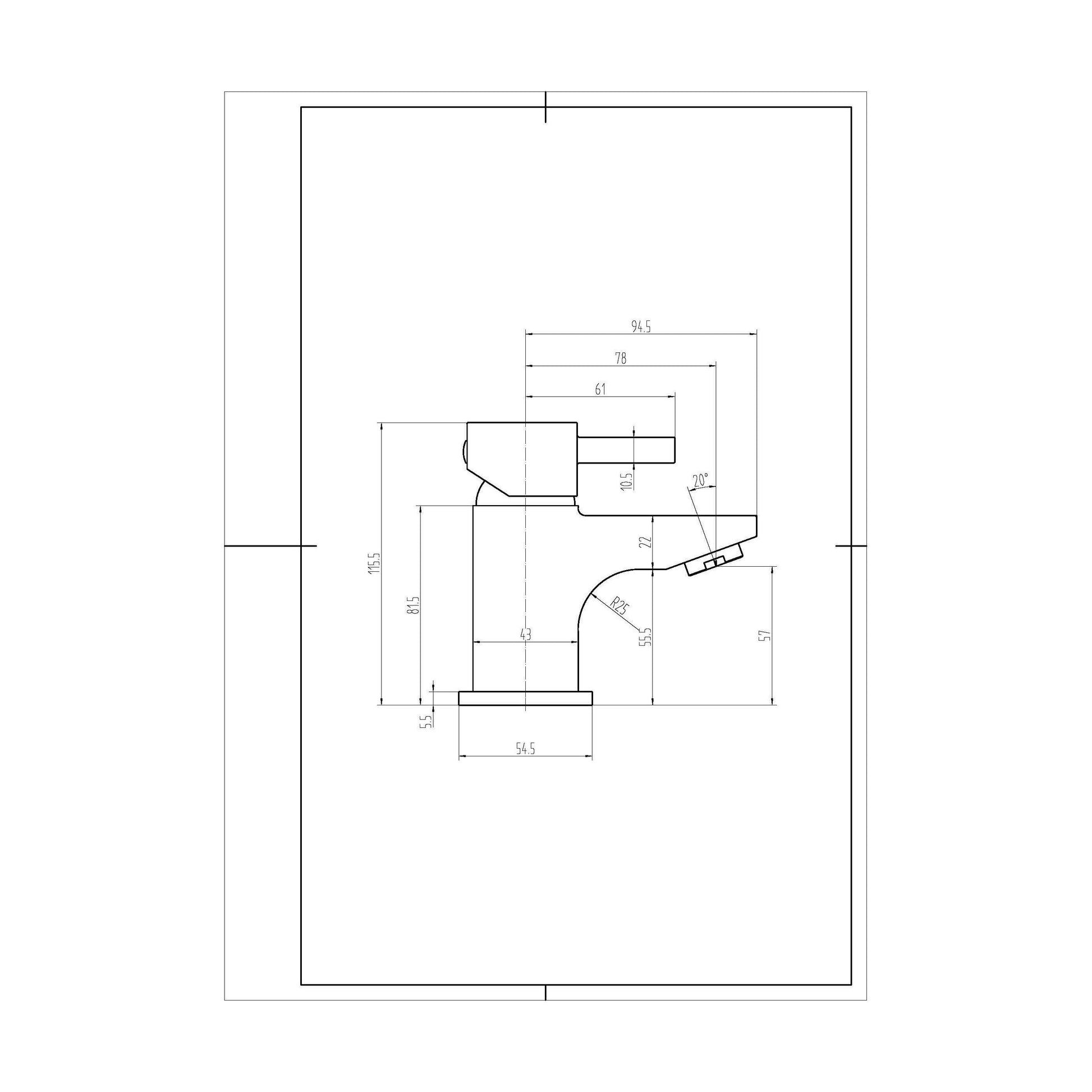 [BTFA305] Contemporary Single Lever Mono Basin Mixer Bathroom Sink Tap with Push Button Waste - Chrome - Technical Drawing
