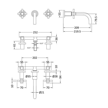 [BTHE817X] Hester Crosshead W/H Basin Mixer - Technical Drawing