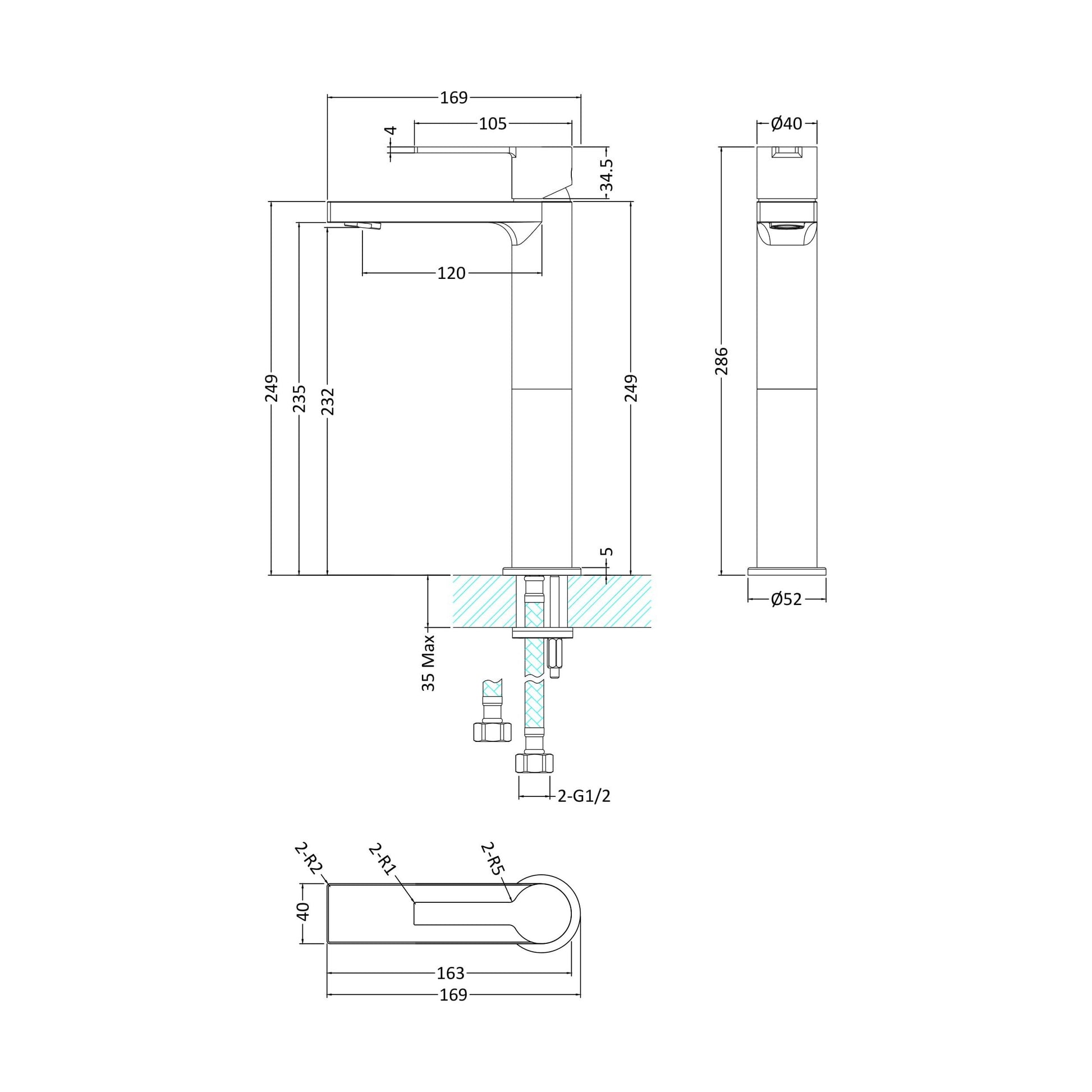 [BTIL370] Tall Mono Basin Mixer P/B Waste - Technical Drawing