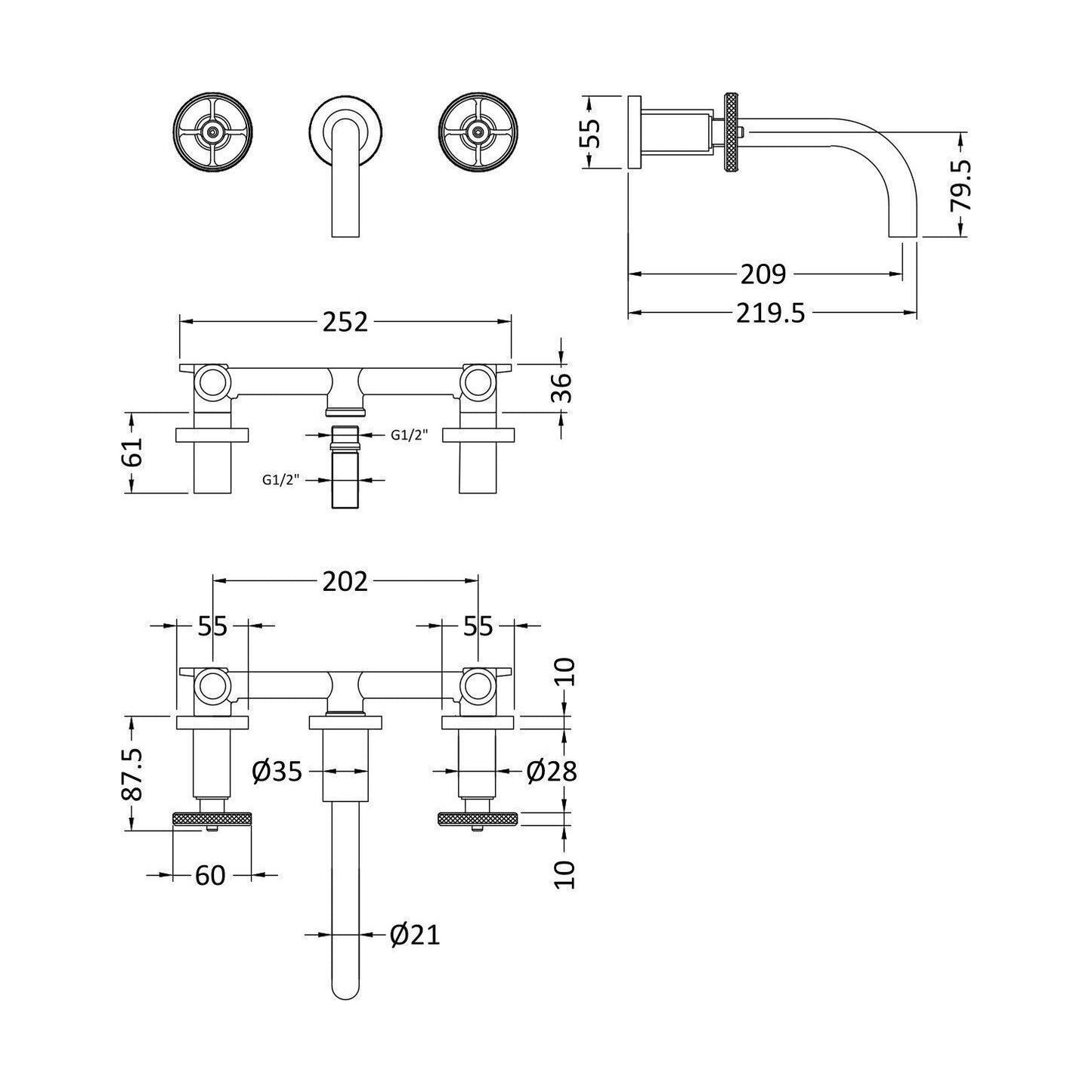 [BTIW317] Industrial 3TH Wall Mounted Basin Mixer - Technical Drawing
