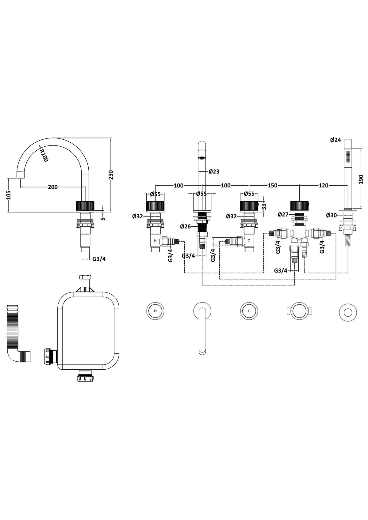 [BTK314C] Ashenhurst Contemporary 5 Tap Hole Deck Mounted Bath Shower Mixer Tap with Fluted Handles and Shower Kit - Choice of Spout and Colour - Line Drawing