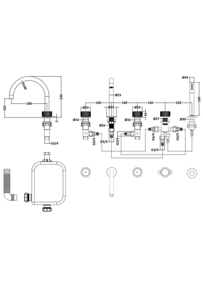 [BTK314C] Ashenhurst Contemporary 5 Tap Hole Deck Mounted Bath Shower Mixer Tap with Fluted Handles and Shower Kit - Choice of Spout and Colour - Line Drawing