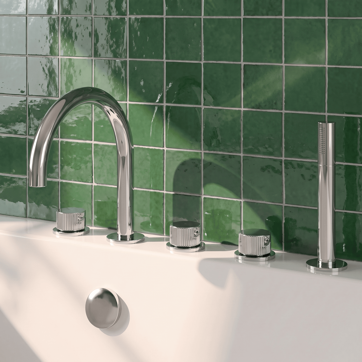 [BTK314C] Ashenhurst Contemporary 5 Tap Hole Deck Mounted Bath Shower Mixer Tap with Fluted Handles and Shower Kit - Choice of Spout and Colour - Lifestyle 1