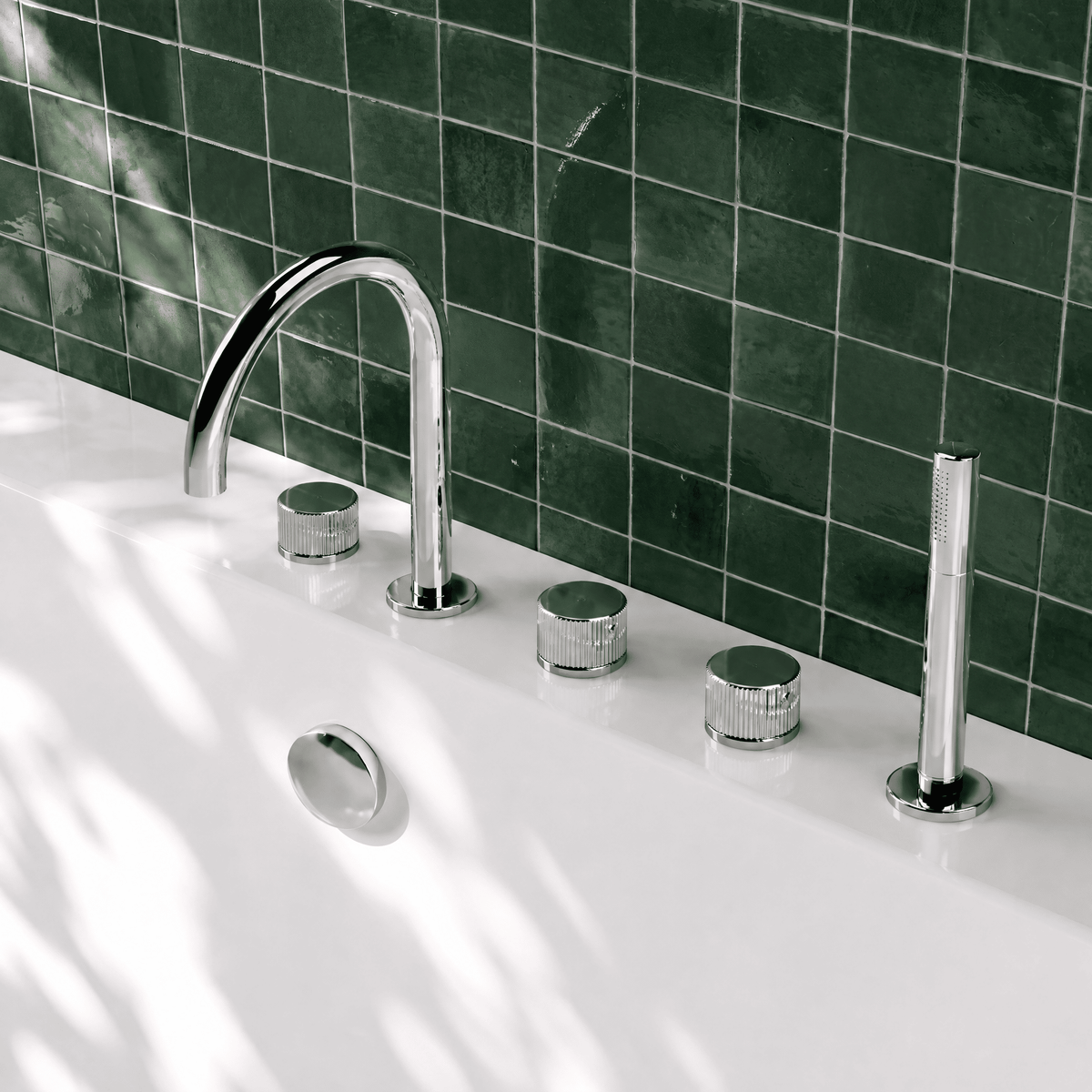 [BTK314C] Ashenhurst Contemporary 5 Tap Hole Deck Mounted Bath Shower Mixer Tap with Fluted Handles and Shower Kit - Choice of Spout and Colour - Lifestyle 2