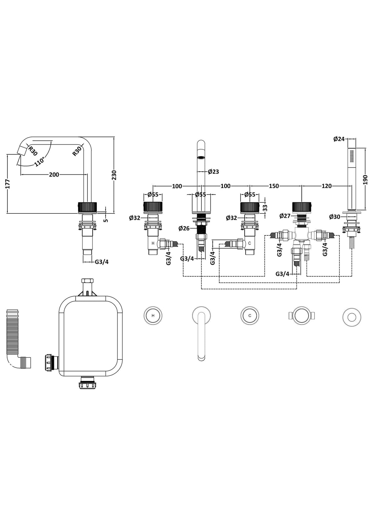 [BTK314P] Ashenhurst Contemporary 5 Tap Hole Deck Mounted Bath Shower Mixer Tap with Fluted Handles and Shower Kit - Choice of Spout and Colour - Line Drawing