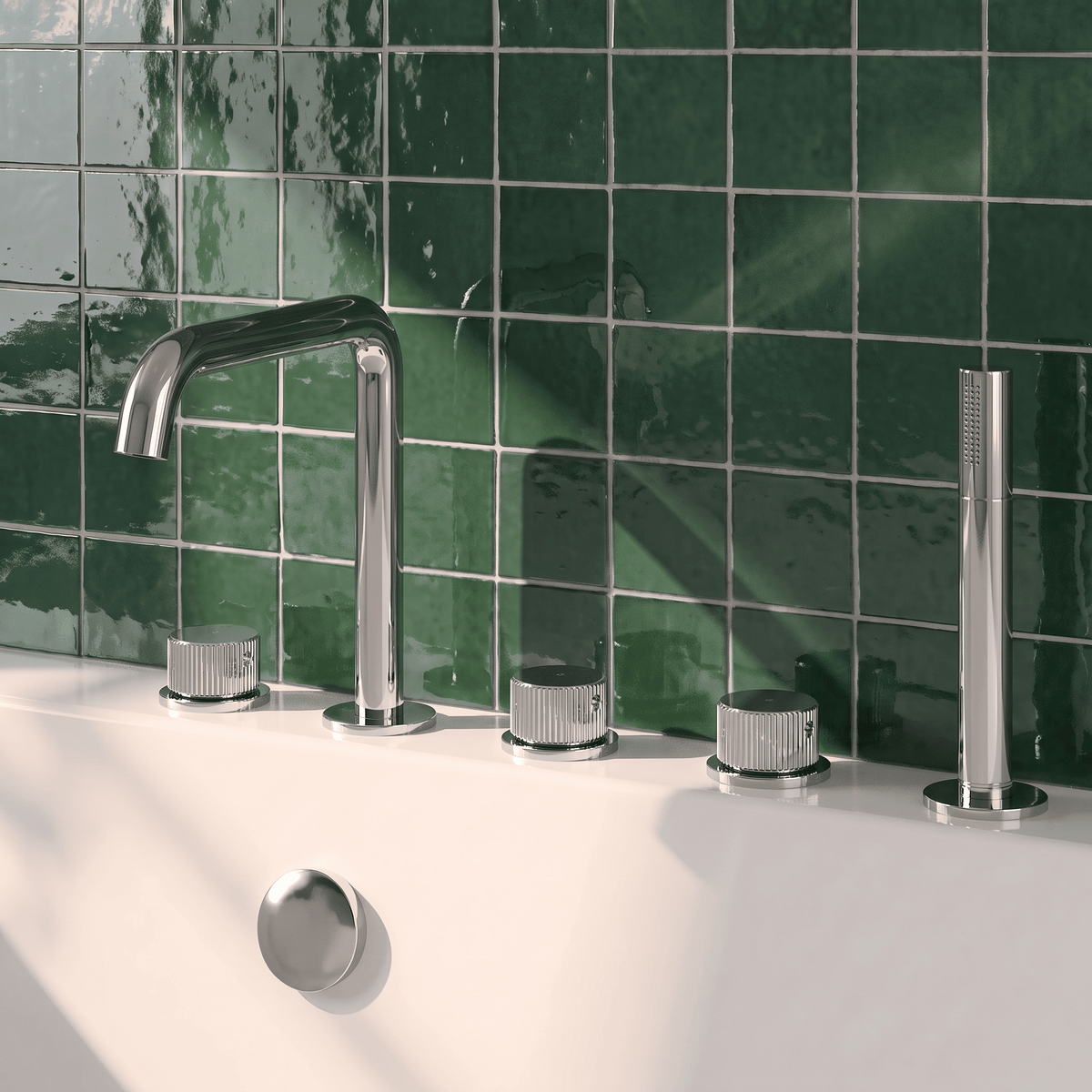 [BTK314P] Ashenhurst Contemporary 5 Tap Hole Deck Mounted Bath Shower Mixer Tap with Fluted Handles and Shower Kit - Choice of Spout and Colour - Lifestyle 1