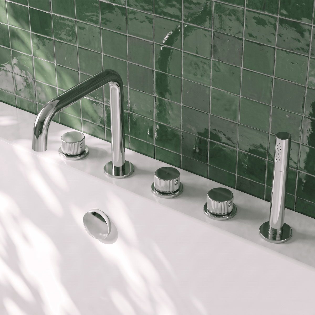 [BTK314P] Ashenhurst Contemporary 5 Tap Hole Deck Mounted Bath Shower Mixer Tap with Fluted Handles and Shower Kit - Choice of Spout and Colour - Lifestyle 2