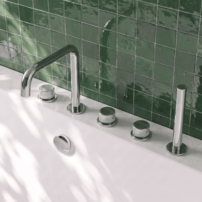 [BTK314P] Ashenhurst Contemporary 5 Tap Hole Deck Mounted Bath Shower Mixer Tap with Fluted Handles and Shower Kit - Choice of Spout and Colour - Lifestyle 2