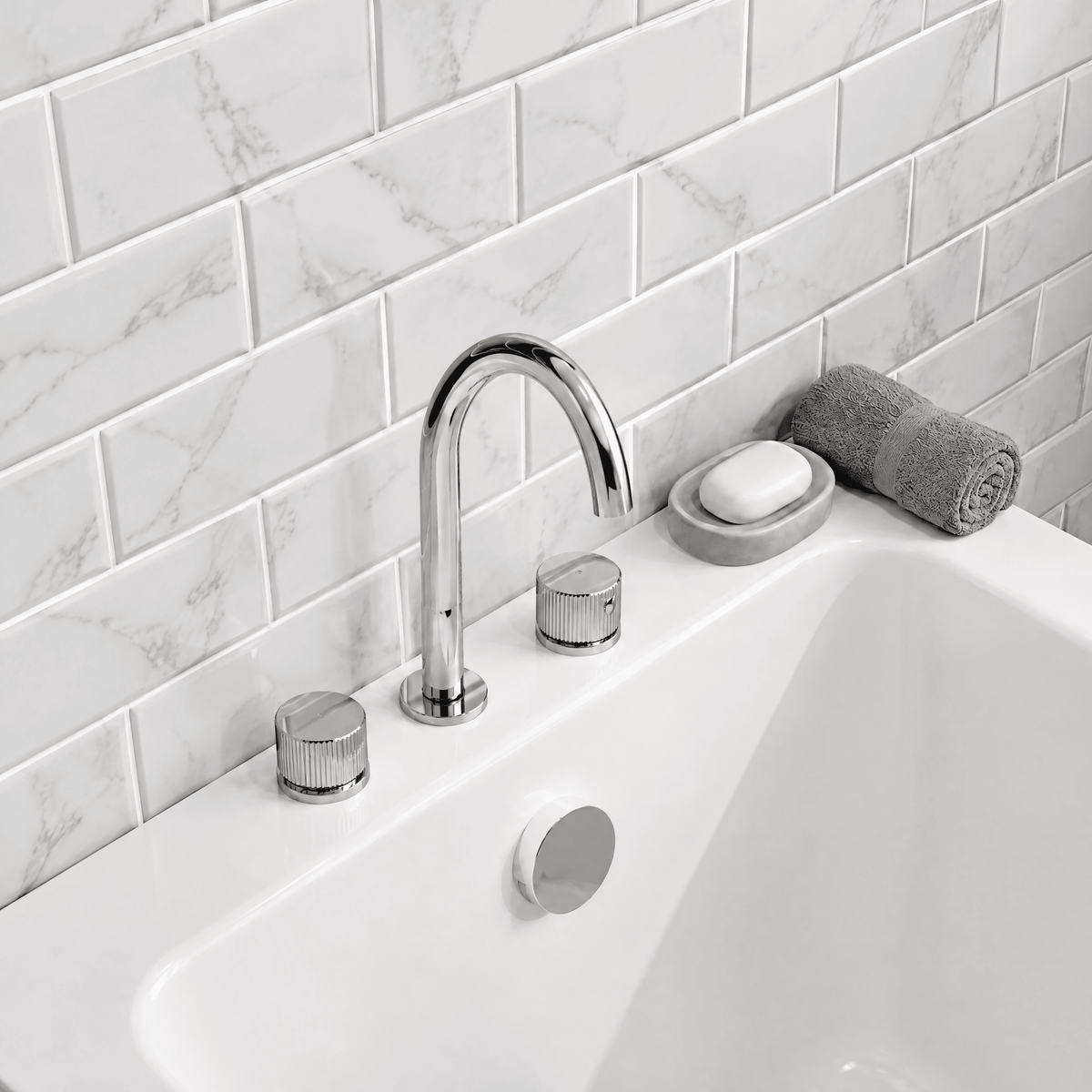 [BTK333C] Ashenhurst Contemporary 3 Tap Hole Deck Mounted Bath Mixer Tap with Fluted Handles - Choice of Spout and Colour - Lifestyle 2