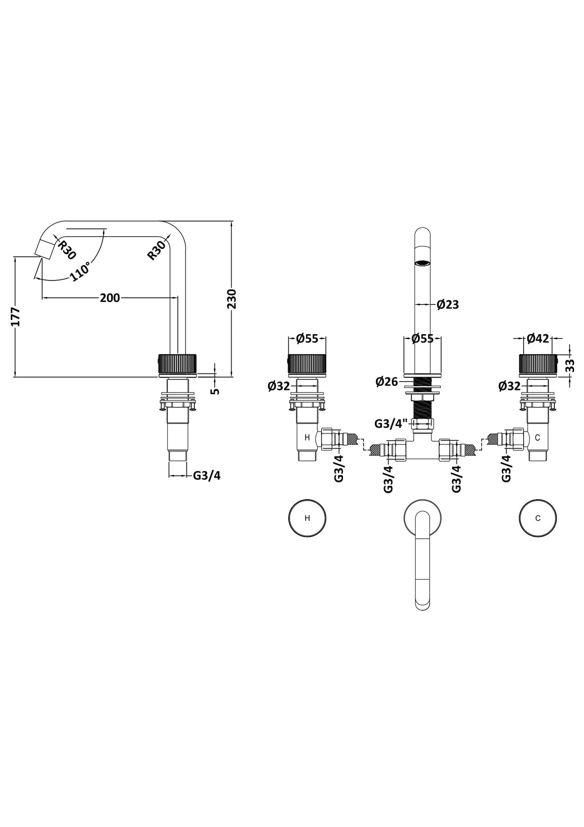 [BTK333P] Ashenhurst Contemporary 3 Tap Hole Deck Mounted Bath Mixer Tap with Fluted Handles - Choice of Spout and Colour - Line Drawing