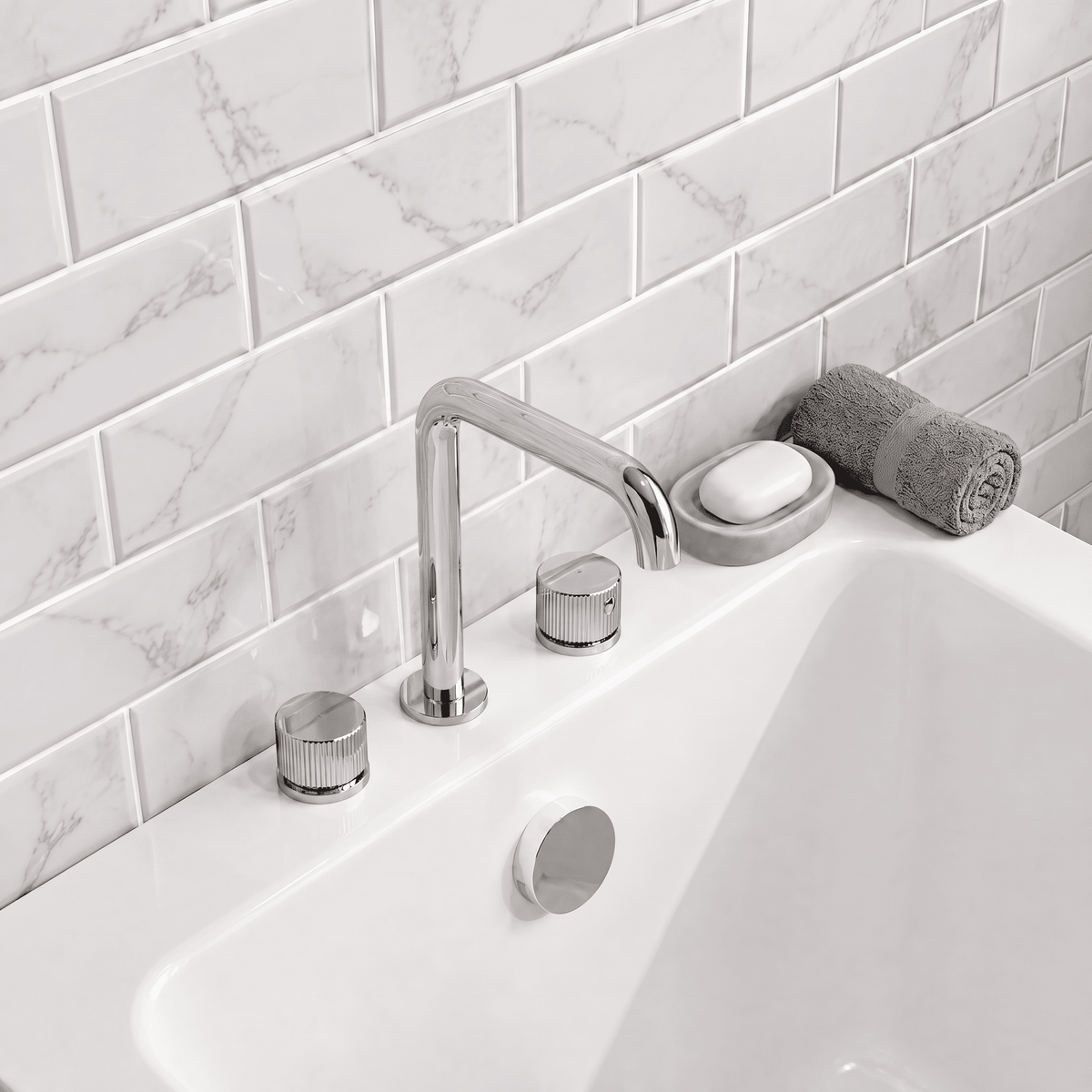 [BTK333P] Ashenhurst Contemporary 3 Tap Hole Deck Mounted Bath Mixer Tap with Fluted Handles - Choice of Spout and Colour - Lifestyle 2