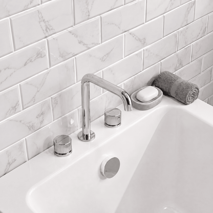 [BTK333P] Ashenhurst Contemporary 3 Tap Hole Deck Mounted Bath Mixer Tap with Fluted Handles - Choice of Spout and Colour - Lifestyle 2