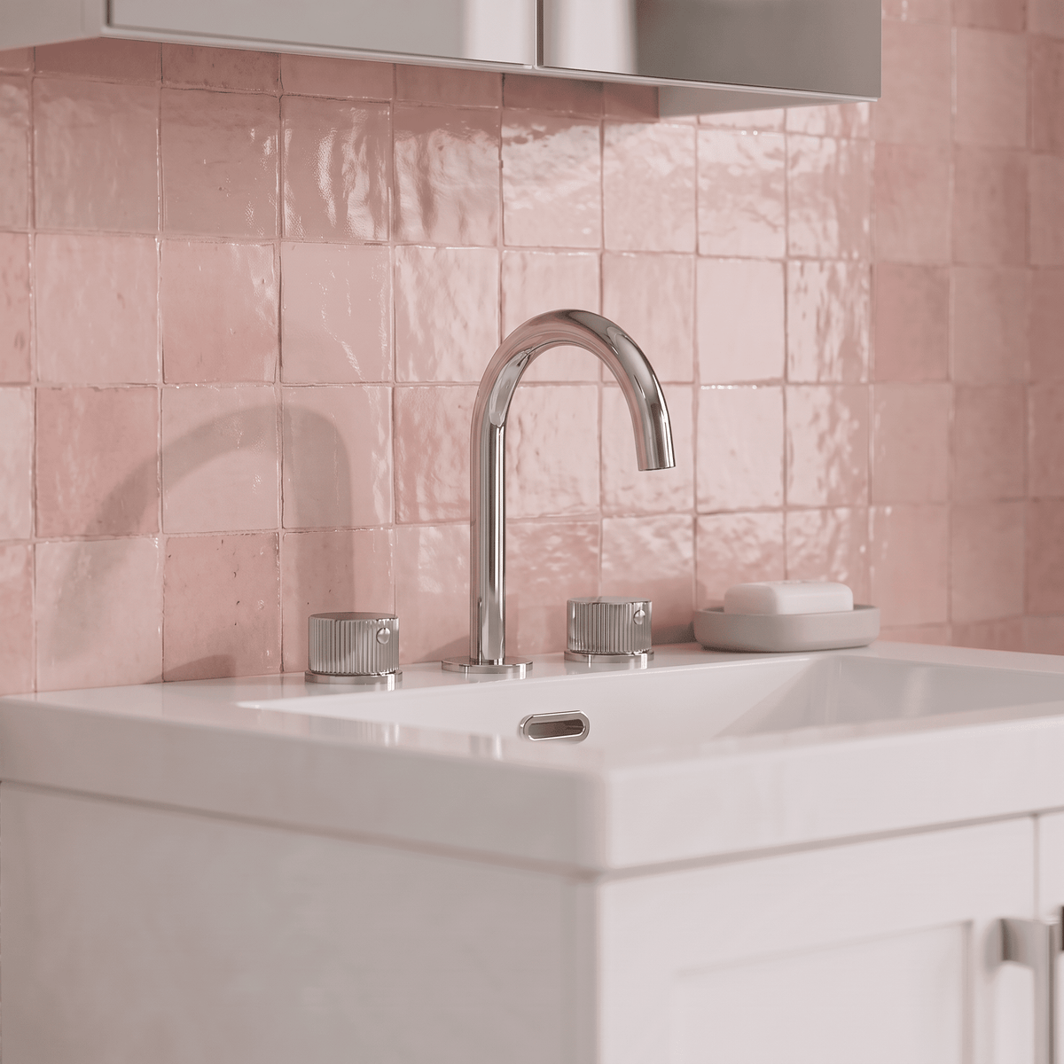 [BTK337C] Ashenhurst Contemporary 3 Tap Hole Basin Mixer Tap with Fluted Handles and Waste - Choice of Spout and Colour - Lifestyle 1