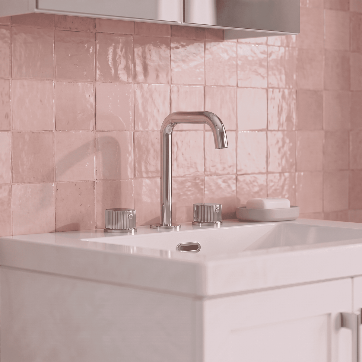 [BTK337P] Ashenhurst Contemporary 3 Tap Hole Basin Mixer Tap with Fluted Handles and Waste - Choice of Spout and Colour - Lifestyle 1