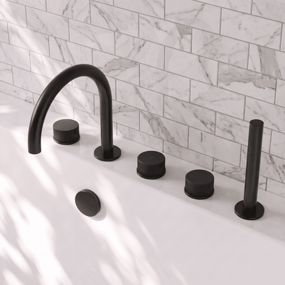 [BTK414C] Ashenhurst Contemporary 5 Tap Hole Deck Mounted Bath Shower Mixer Tap with Fluted Handles and Shower Kit - Choice of Spout and Colour - Lifestyle 2