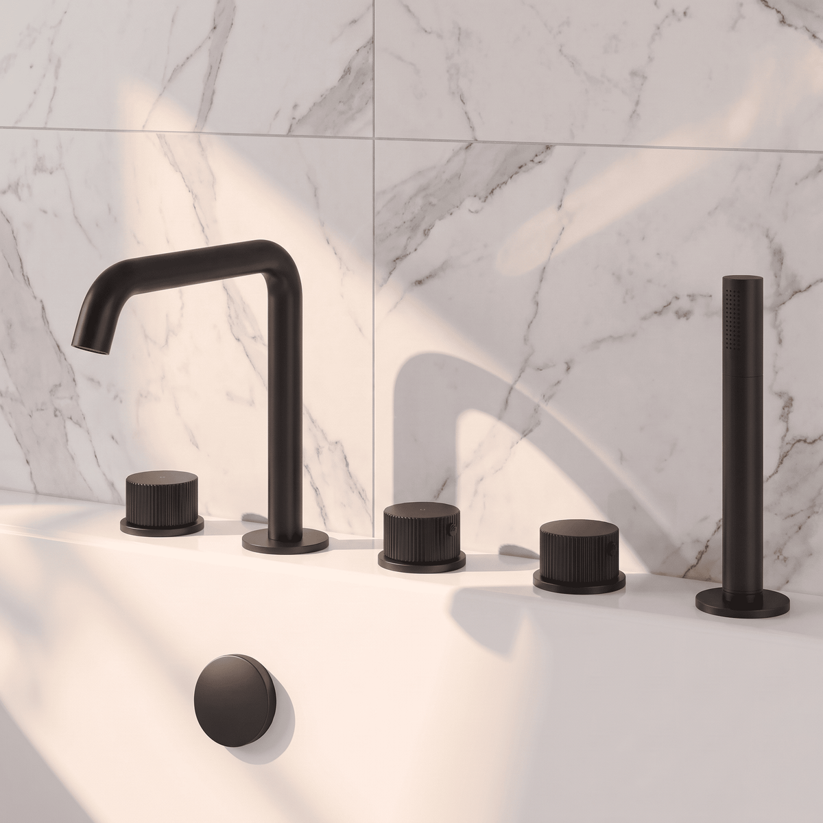 [BTK414P] Ashenhurst Contemporary 5 Tap Hole Deck Mounted Bath Shower Mixer Tap with Fluted Handles and Shower Kit - Choice of Spout and Colour - Lifestyle 1