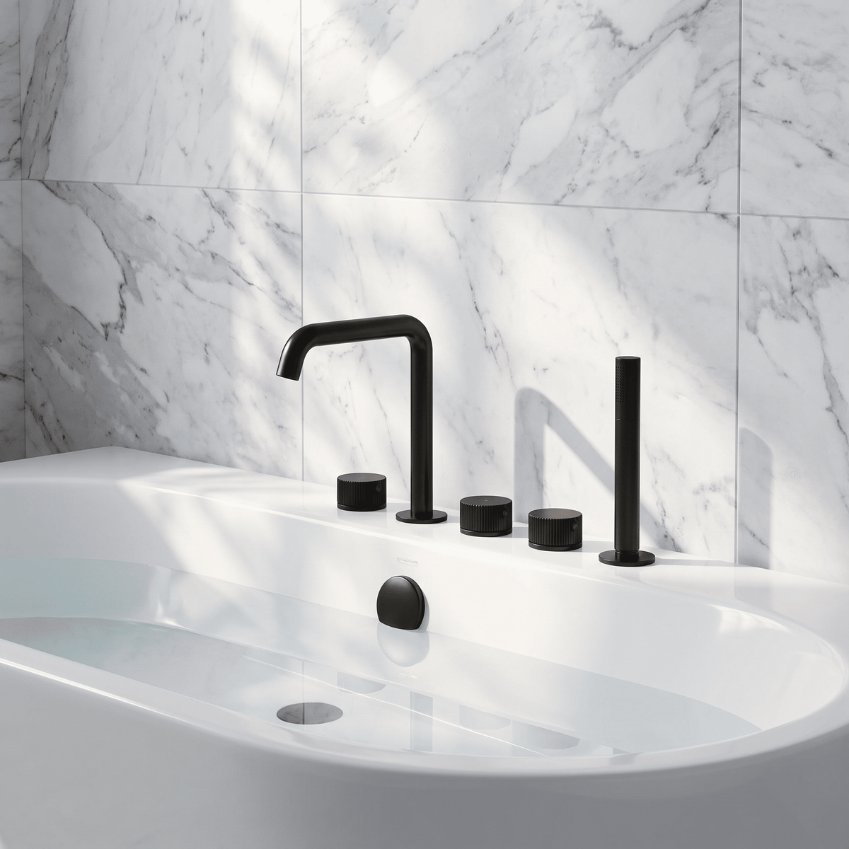 [BTK414P] Ashenhurst Contemporary 5 Tap Hole Deck Mounted Bath Shower Mixer Tap with Fluted Handles and Shower Kit - Choice of Spout and Colour - Lifestyle 2