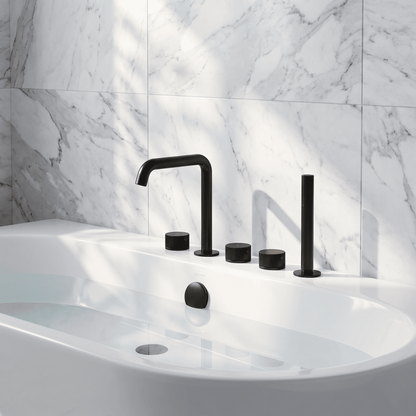 [BTK414P] Ashenhurst Contemporary 5 Tap Hole Deck Mounted Bath Shower Mixer Tap with Fluted Handles and Shower Kit - Choice of Spout and Colour - Lifestyle 2