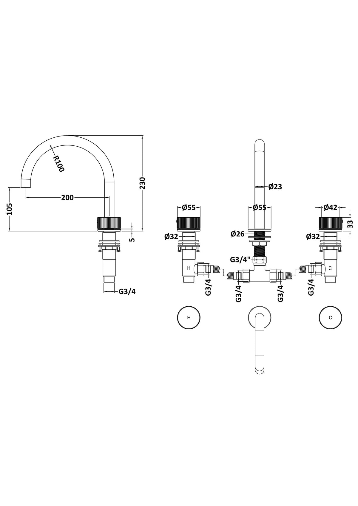 [BTK433C] Ashenhurst Contemporary 3 Tap Hole Deck Mounted Bath Mixer Tap with Fluted Handles - Choice of Spout and Colour - Line Drawing