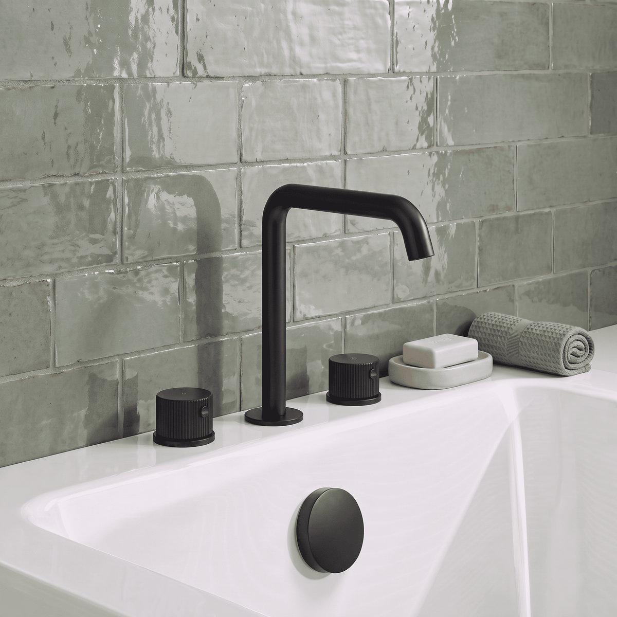 [BTK433P] Ashenhurst Contemporary 3 Tap Hole Deck Mounted Bath Mixer Tap with Fluted Handles - Choice of Spout and Colour - Lifestyle 1
