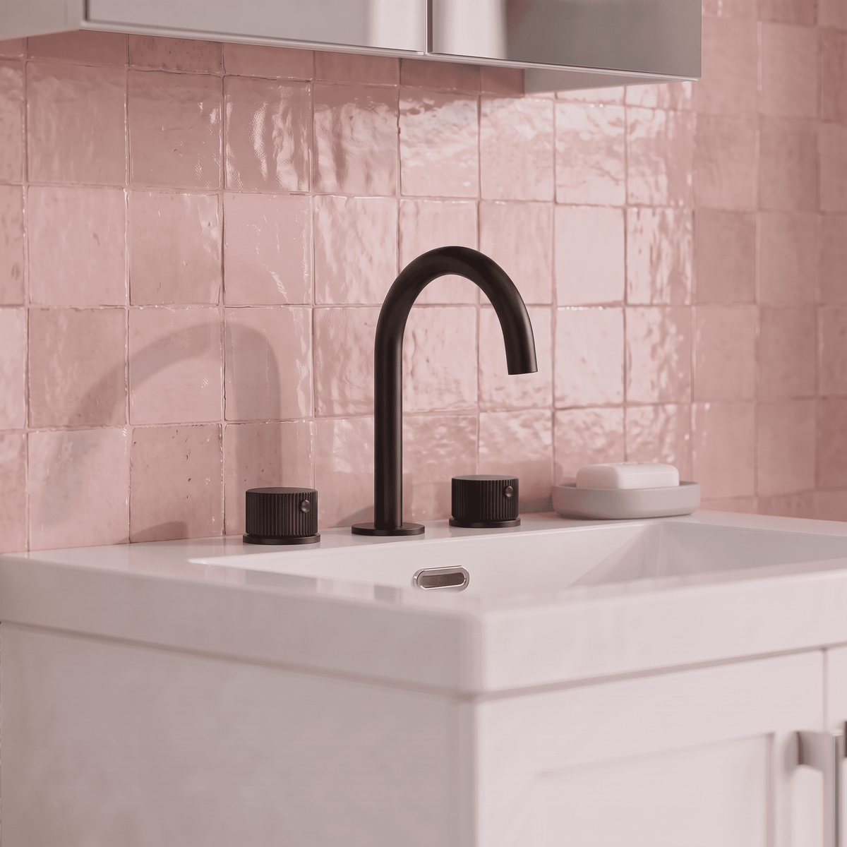 [BTK437C] Ashenhurst Contemporary 3 Tap Hole Basin Mixer Tap with Fluted Handles and Waste - Choice of Spout and Colour - Lifestyle 1