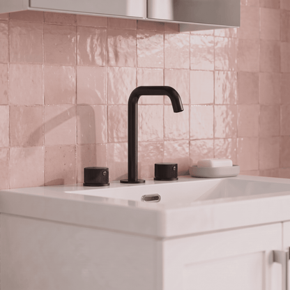 [BTK437P] Ashenhurst Contemporary 3 Tap Hole Basin Mixer Tap with Fluted Handles and Waste - Choice of Spout and Colour - Lifestyle 1
