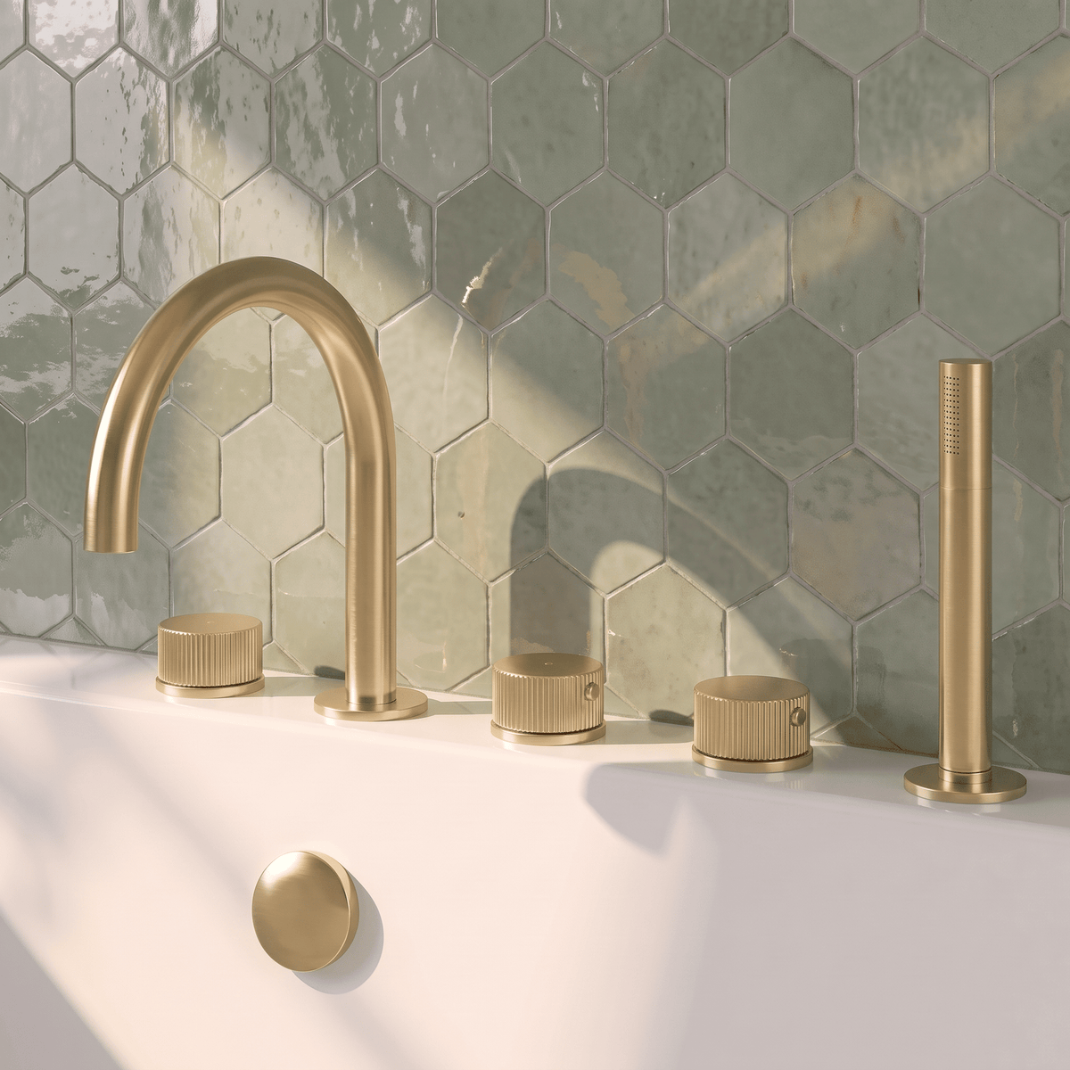 [BTK814C] Ashenhurst Contemporary 5 Tap Hole Deck Mounted Bath Shower Mixer Tap with Fluted Handles and Shower Kit - Choice of Spout and Colour - Lifestyle 1
