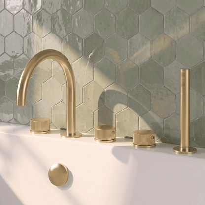 [BTK814C] Ashenhurst Contemporary 5 Tap Hole Deck Mounted Bath Shower Mixer Tap with Fluted Handles and Shower Kit - Choice of Spout and Colour - Lifestyle 1