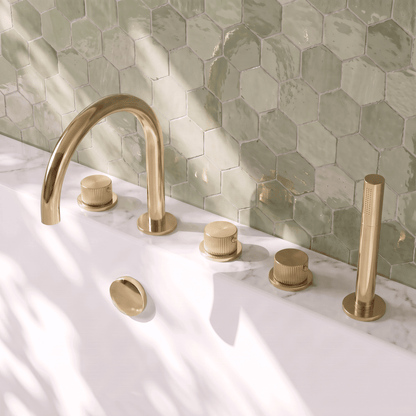 [BTK814C] Ashenhurst Contemporary 5 Tap Hole Deck Mounted Bath Shower Mixer Tap with Fluted Handles and Shower Kit - Choice of Spout and Colour - Lifestyle 2