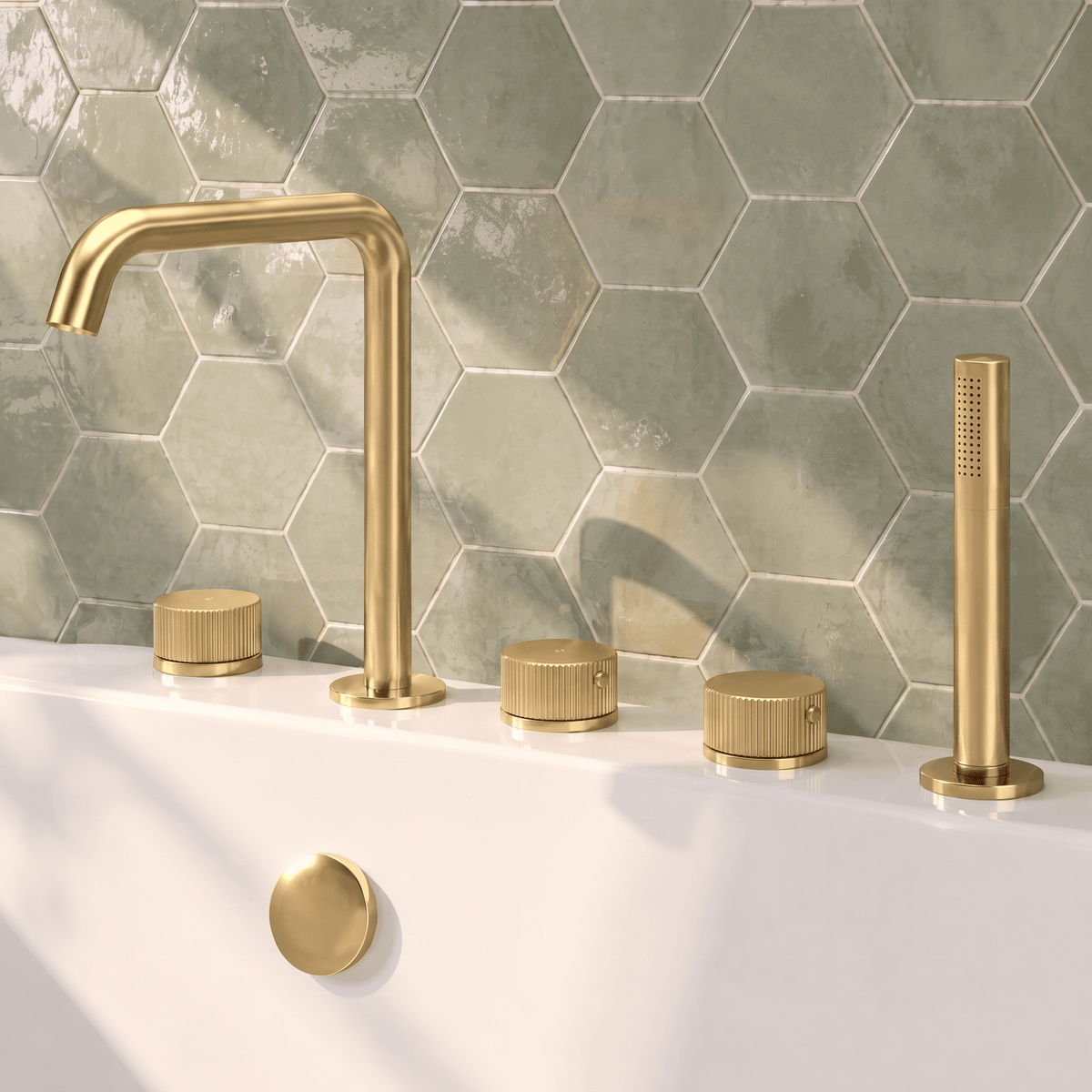 [BTK814P] Ashenhurst Contemporary 5 Tap Hole Deck Mounted Bath Shower Mixer Tap with Fluted Handles and Shower Kit - Choice of Spout and Colour - Lifestyle 1