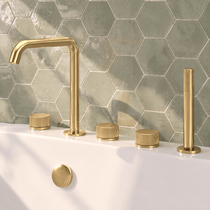 [BTK814P] Ashenhurst Contemporary 5 Tap Hole Deck Mounted Bath Shower Mixer Tap with Fluted Handles and Shower Kit - Choice of Spout and Colour - Lifestyle 1