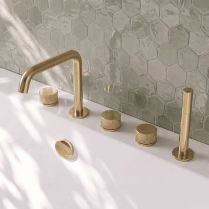 [BTK814P] Ashenhurst Contemporary 5 Tap Hole Deck Mounted Bath Shower Mixer Tap with Fluted Handles and Shower Kit - Choice of Spout and Colour - Lifestyle 2