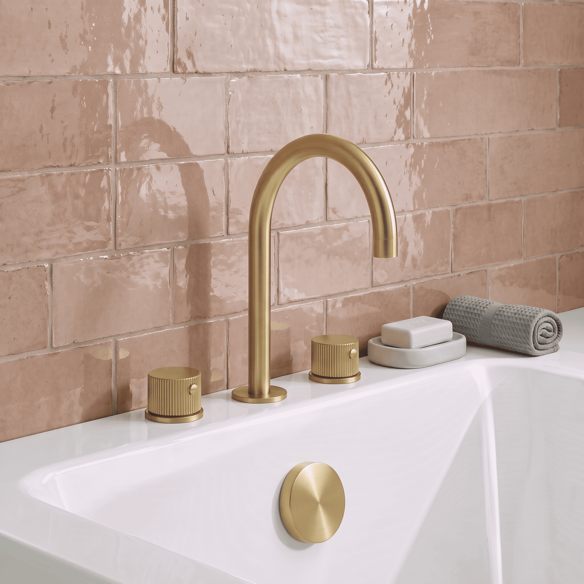[BTK833C] Ashenhurst Contemporary 3 Tap Hole Deck Mounted Bath Mixer Tap with Fluted Handles - Choice of Spout and Colour - Lifestyle 1