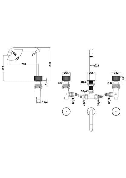 [BTK833P] Ashenhurst Contemporary 3 Tap Hole Deck Mounted Bath Mixer Tap with Fluted Handles - Choice of Spout and Colour - Line Drawing