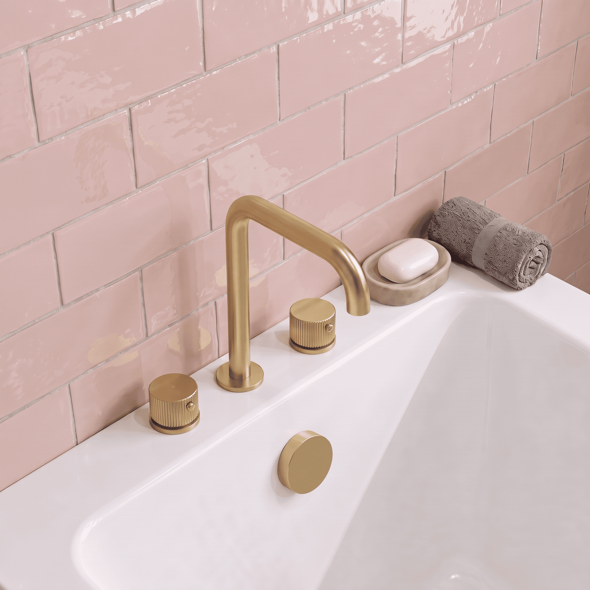 [BTK833P] Ashenhurst Contemporary 3 Tap Hole Deck Mounted Bath Mixer Tap with Fluted Handles - Choice of Spout and Colour - Lifestyle 2