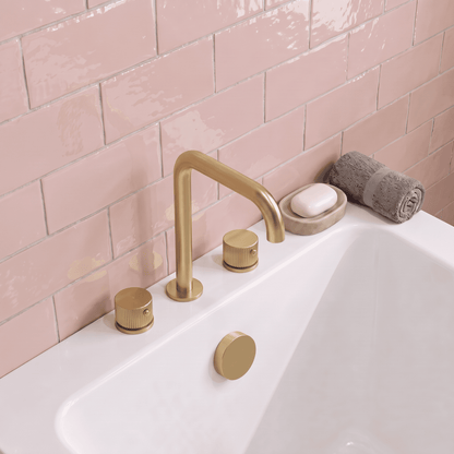 [BTK833P] Ashenhurst Contemporary 3 Tap Hole Deck Mounted Bath Mixer Tap with Fluted Handles - Choice of Spout and Colour - Lifestyle 2