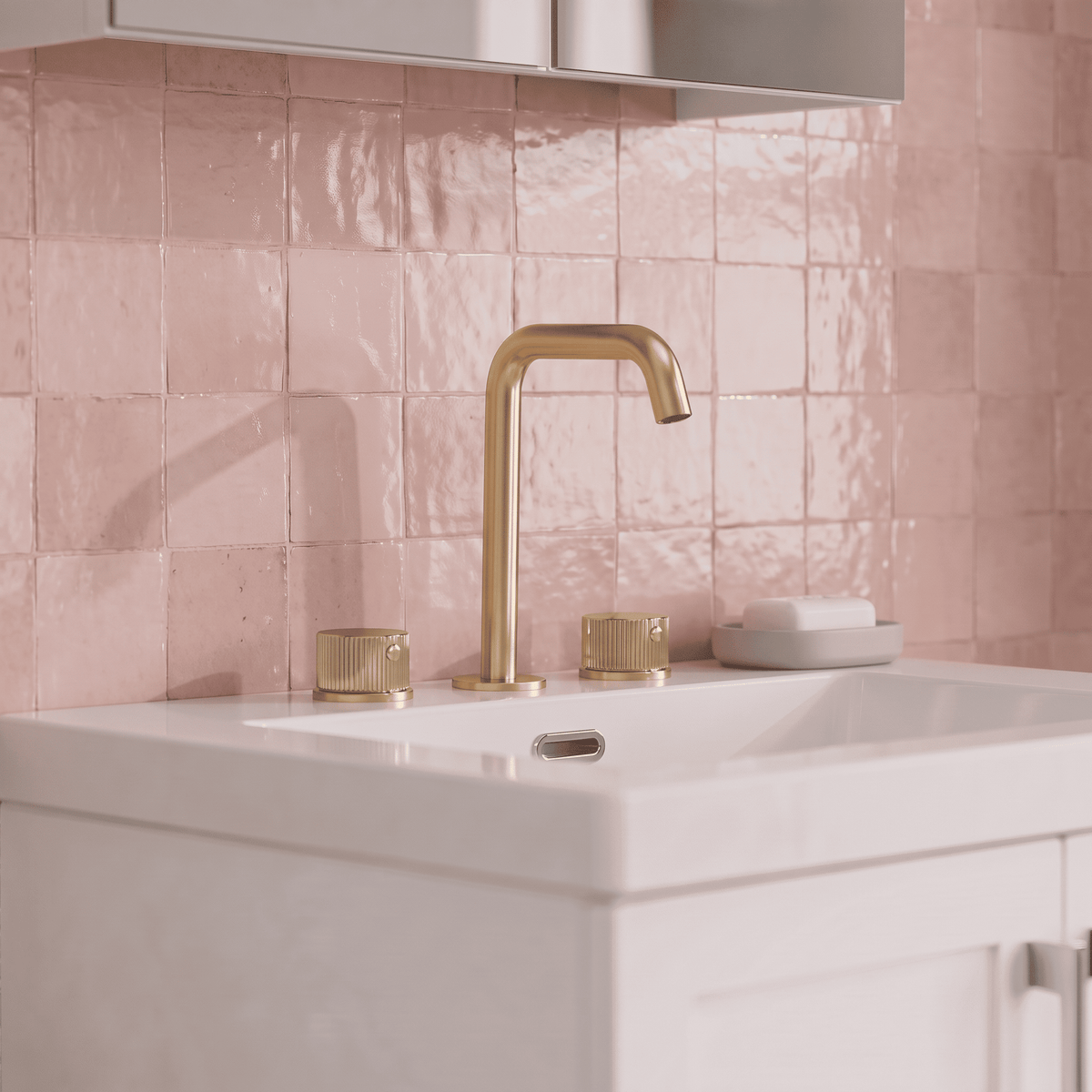 [BTK837P] Ashenhurst Contemporary 3 Tap Hole Basin Mixer Tap with Fluted Handles and Waste - Choice of Spout and Colour - Lifestyle 1