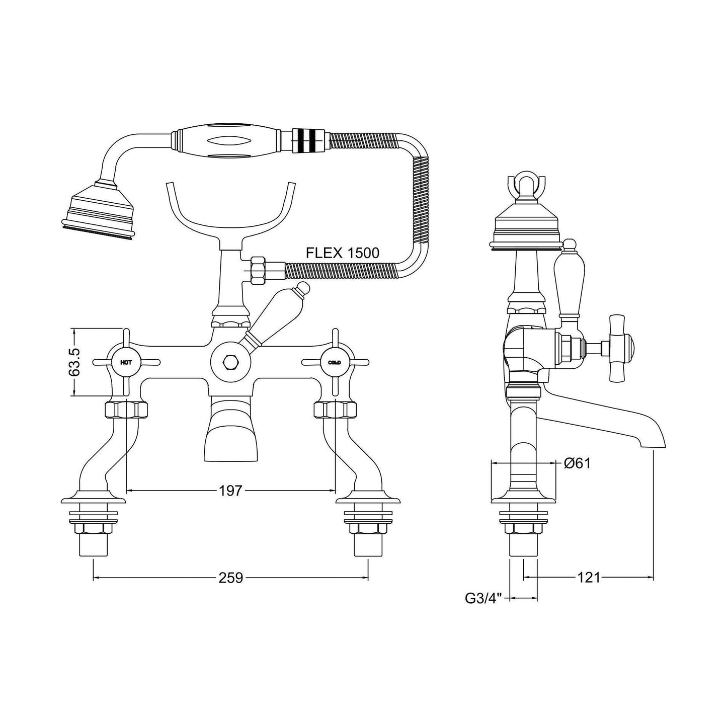 [BTKI303X] Balterley Hanchurch Bath Shower Mixer Tap - Chrome or Brushed Brass - Technical Drawing