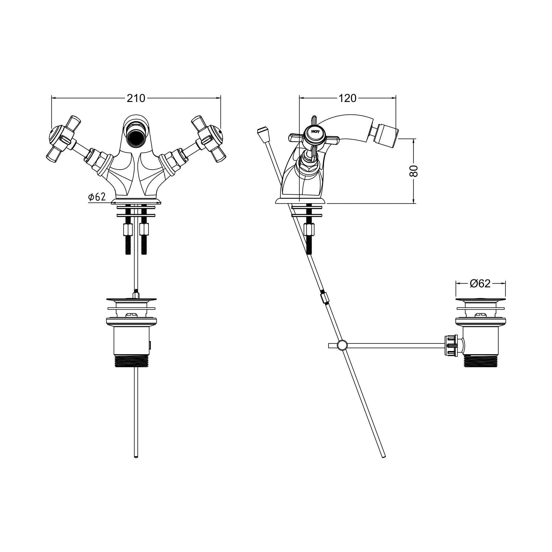 [BTKI306X] Balterley Hanchurch Traditional Bidet Tap with Crosshead Handles - Chrome or Brushed Brass - Technical Drawing