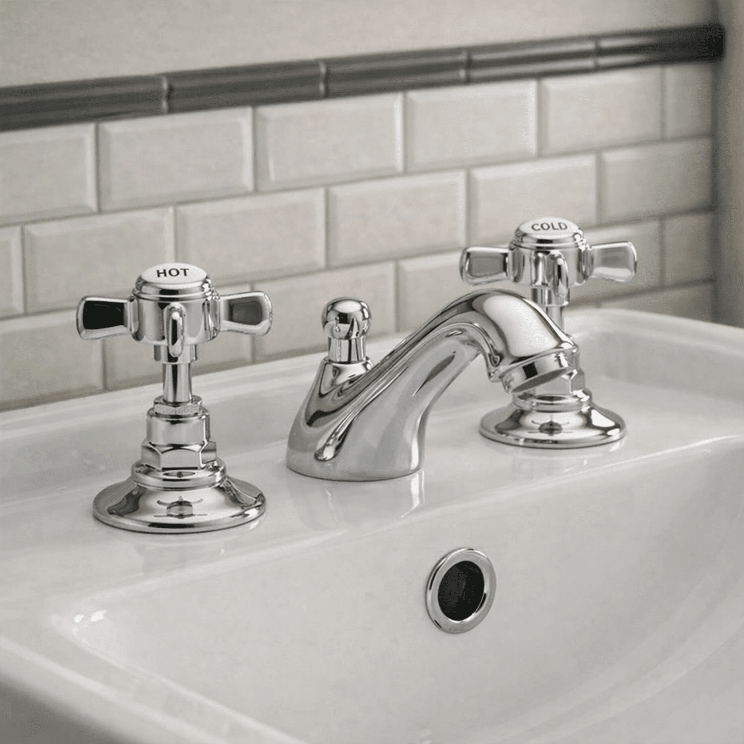 [BTKI307X] Balterley Hanchurch Traditional 3 Tap Hole Basin Tap - Chrome or Brushed Brass - Silo