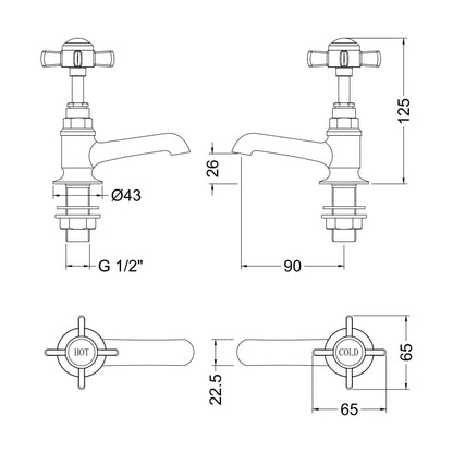 [BTKI321XE] Balterley Hanchurch Basin Pillar Taps with Crosshead Handles - Chrome or Brushed Brass - Technical Drawing