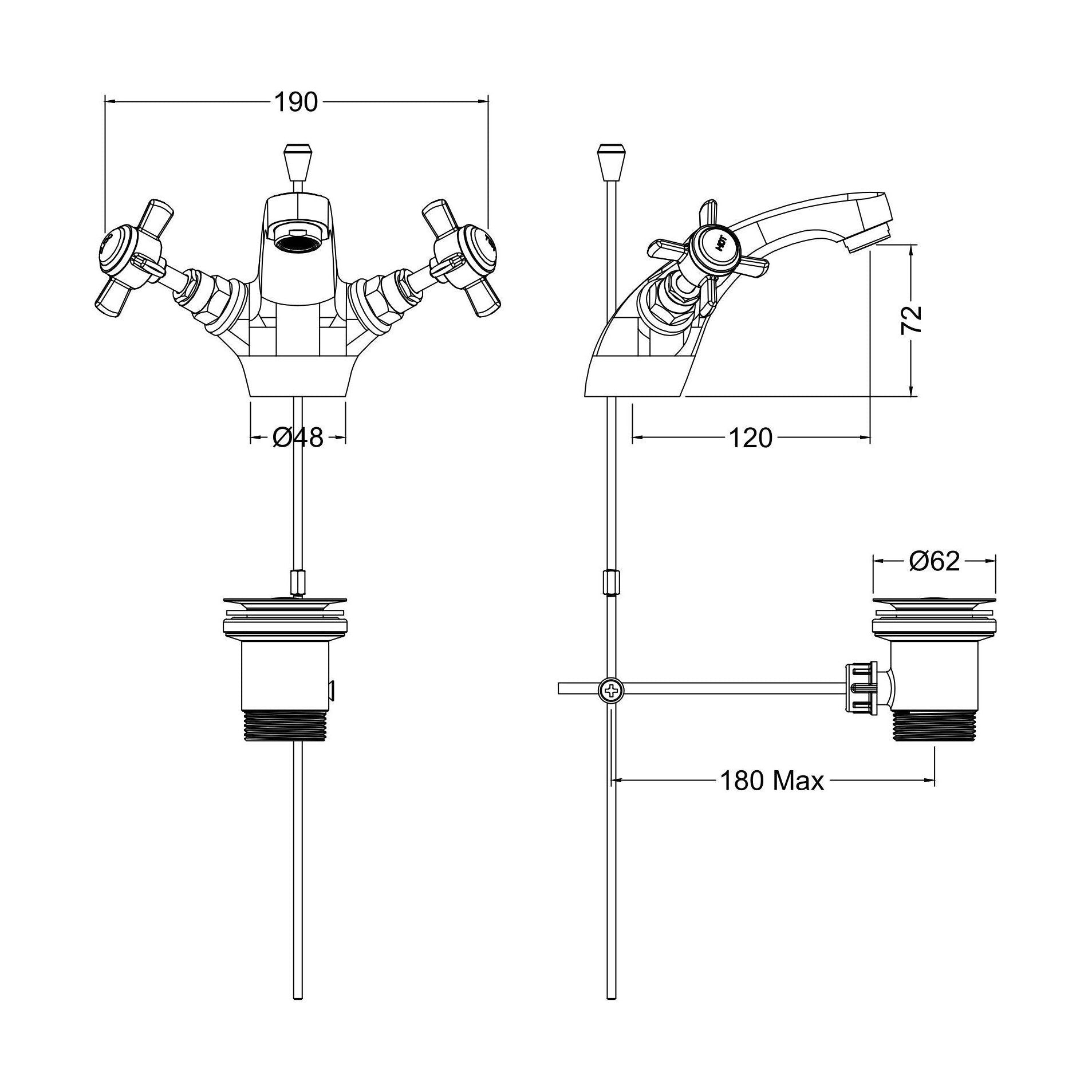 [BTKI345X] Balterley Hanchurch Traditional Mono Basin Mixer Tap - Chrome or Brushed Brass - Technical Drawing