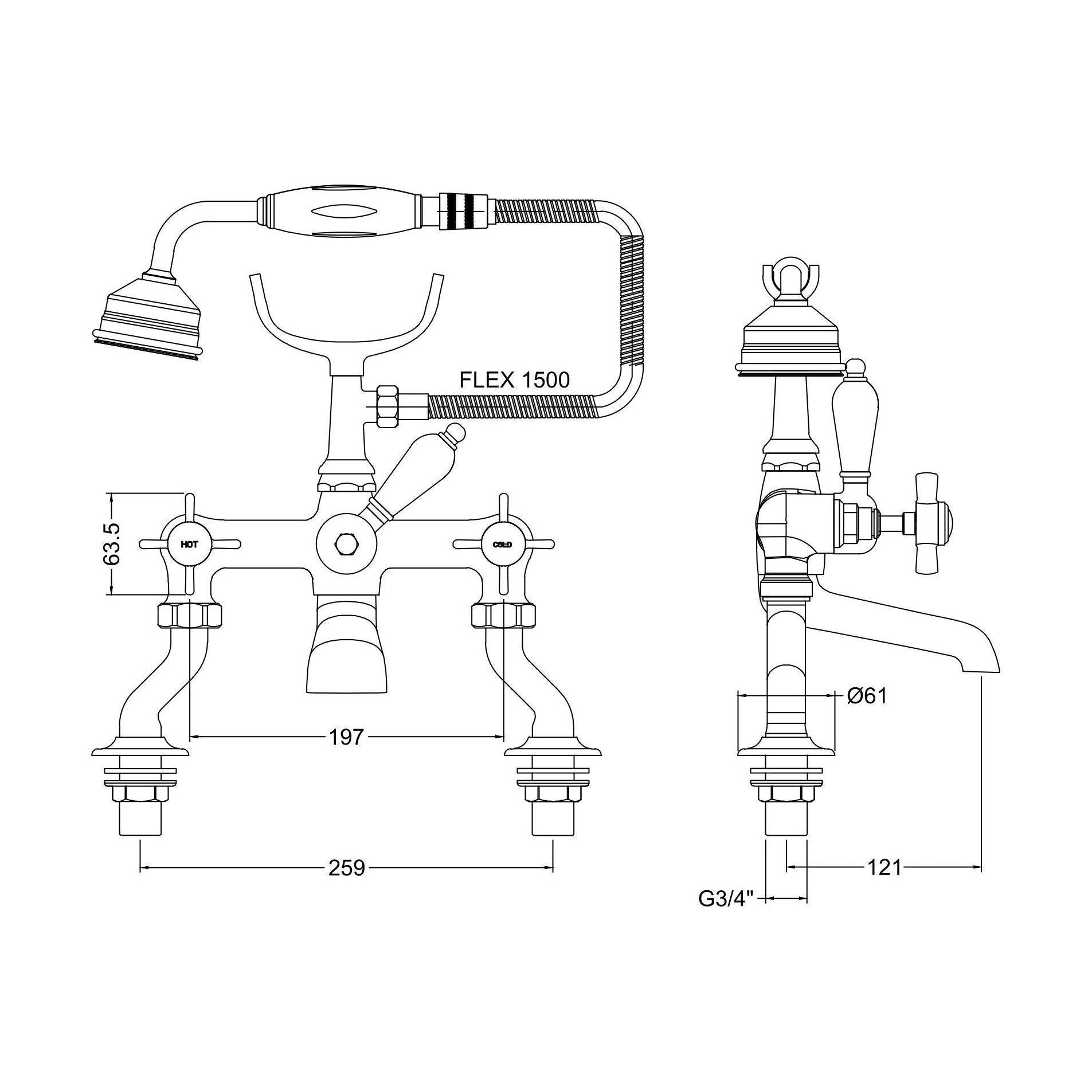 [BTKI803X] Balterley Hanchurch Bath Shower Mixer Tap - Chrome or Brushed Brass - Technical Drawing